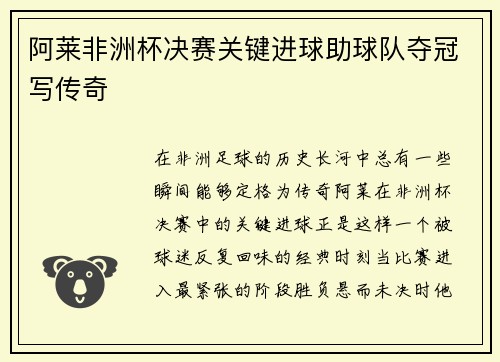 阿莱非洲杯决赛关键进球助球队夺冠写传奇